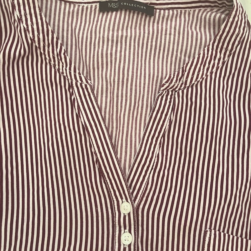 MARKS & SPENCER Womens Top Blouse Striped Red White Burgundy Cuffed Pocket - Picture 3 of 8